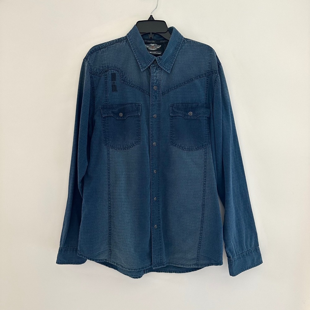 Harley Davidson Mens Large Snap Button Up Shirt Denim Western Grunge Biker Faded